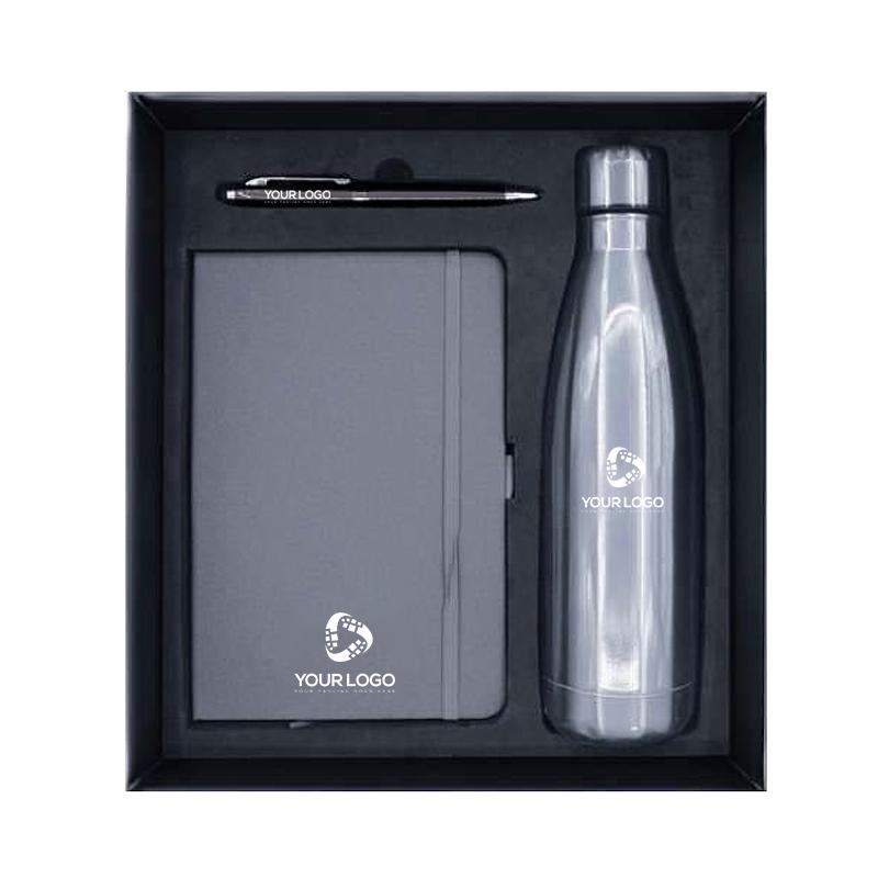 Silver Color PU Notebook, Silver Metal Pen with Stylus & Silver Insulated Bottle